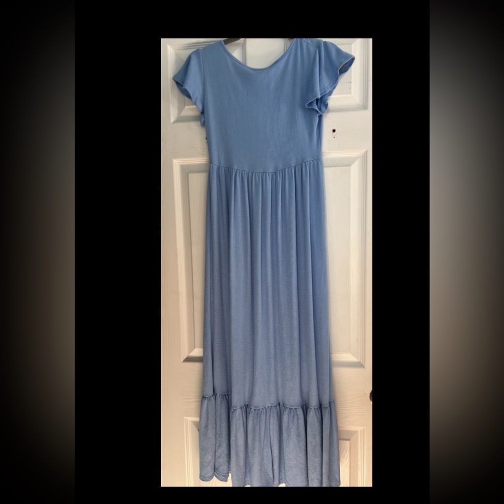 See You Monday Blue Pleated Sundress with Flutter Cap Sleeves
